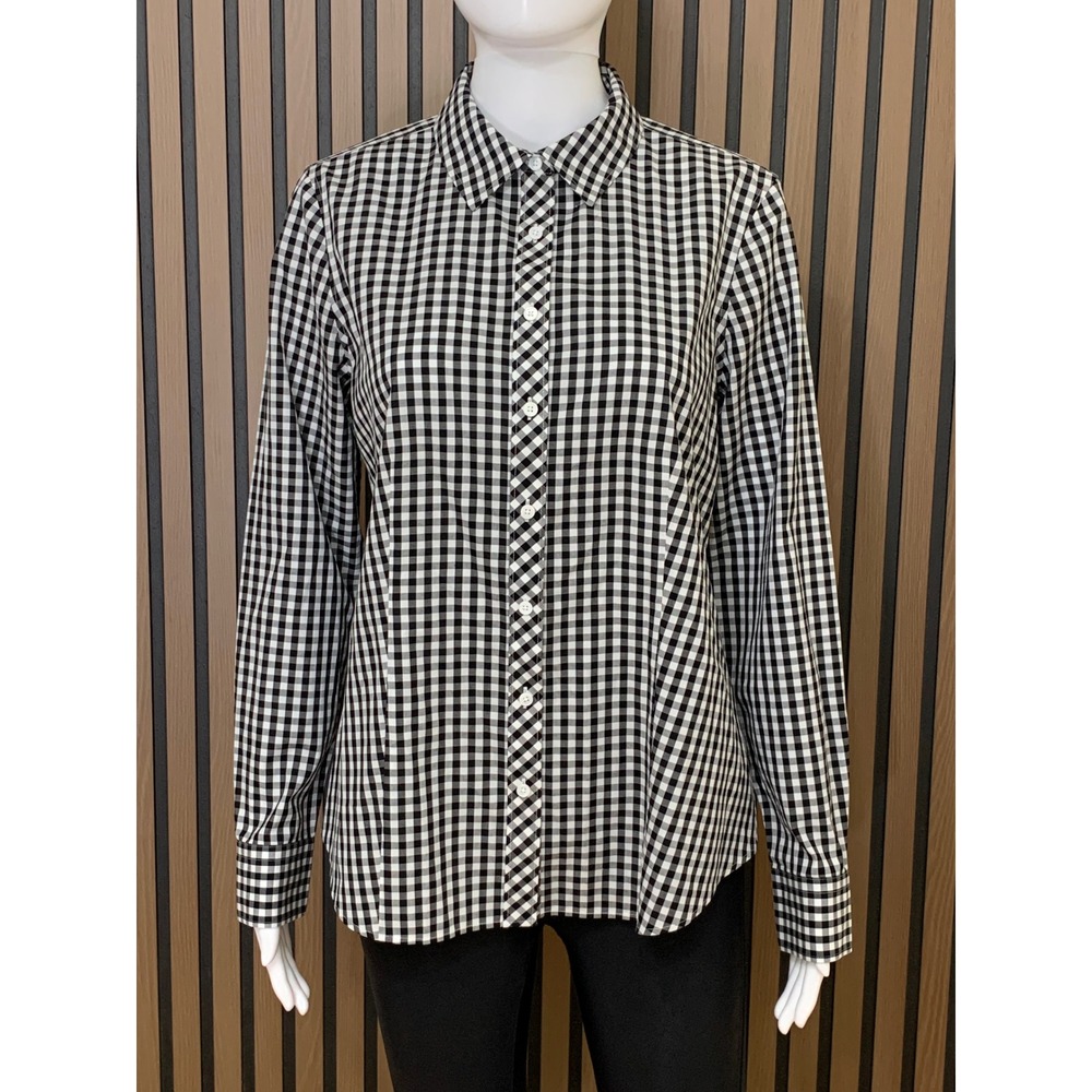 Talbots Non-Iron Shirt Black White Gingham Check Button Down Long Sleeve 6